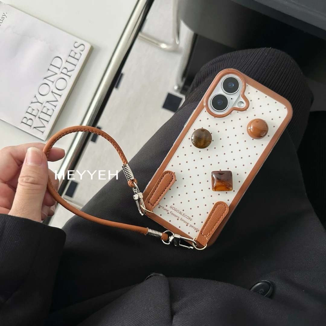 ins风棕色波点立体宝石适用iPhone16promax手机壳苹果15防摔14