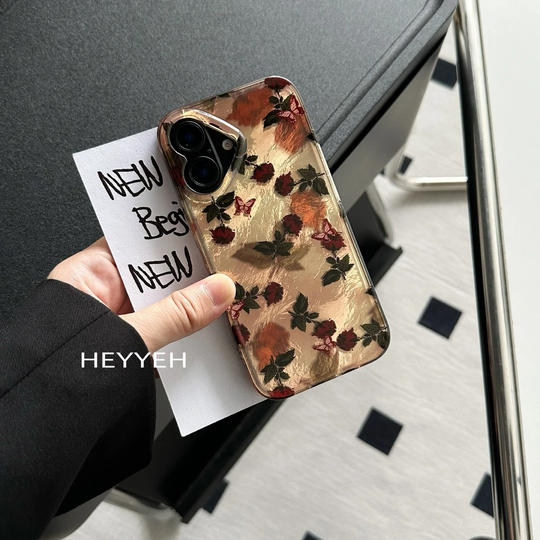 复古少女棕色玫瑰花适用iPhone16pro max手机壳苹果15小众14防摔