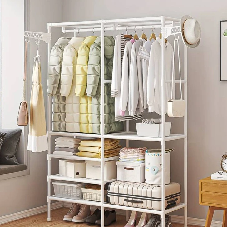 双排落地衣帽架卧室宿舍家用加固多功能简易衣柜带挂钩