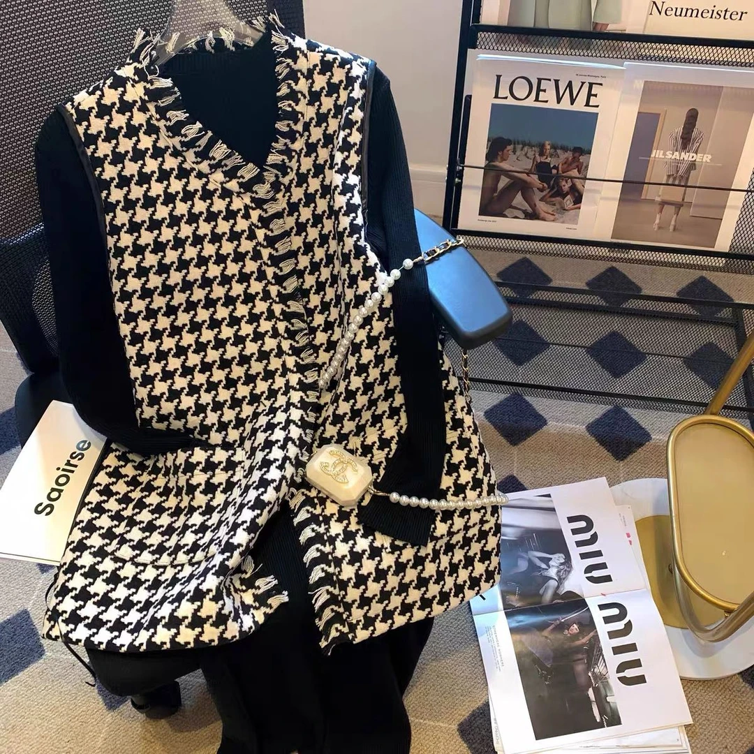 千鸟格马甲女秋冬款时尚洋气背心外套小香风宽松百搭背心坎肩马夹