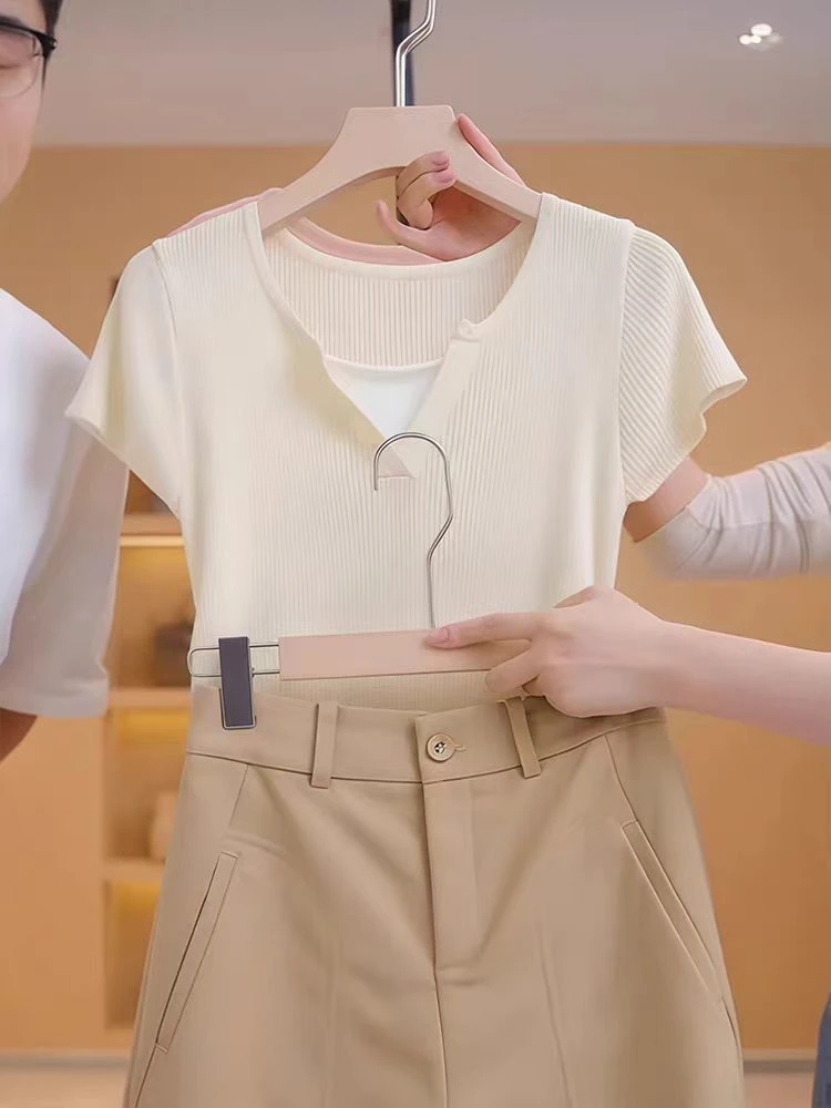 褶皱抽绳冰丝针织短T恤针织衫修身夏季设计假两件气质显瘦上衣短