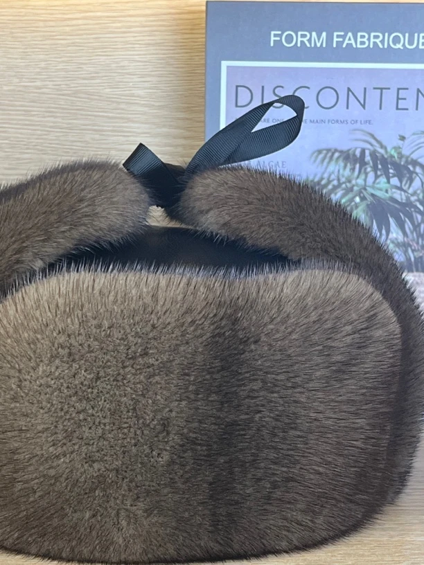 进口水貂美拉德色系咖啡本色牛皮顶雷锋帽户外保暖护耳加厚