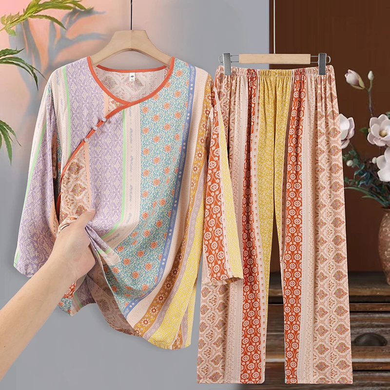 夏季新款棉绸套装女人造棉时尚洋气休闲可外穿两件套民族风宽松
