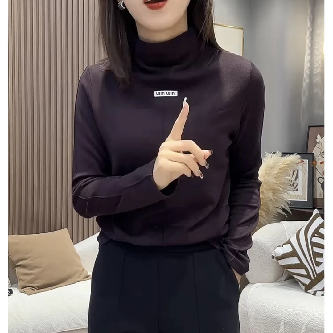 高领纯色字母打底衫女秋冬修身长袖内搭显瘦上衣