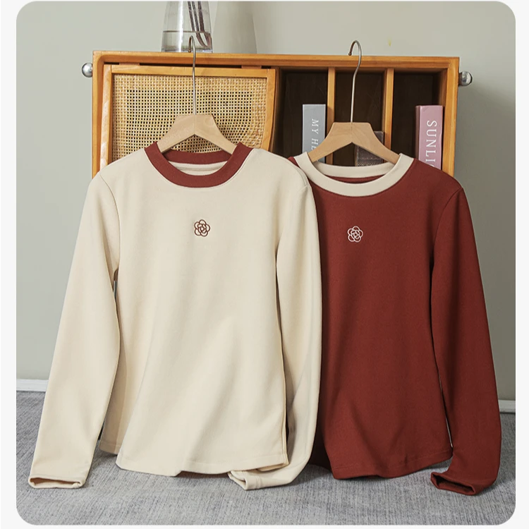 黑科技面料！羊毛蚕丝撞色山茶花刺绣女款打底衫！