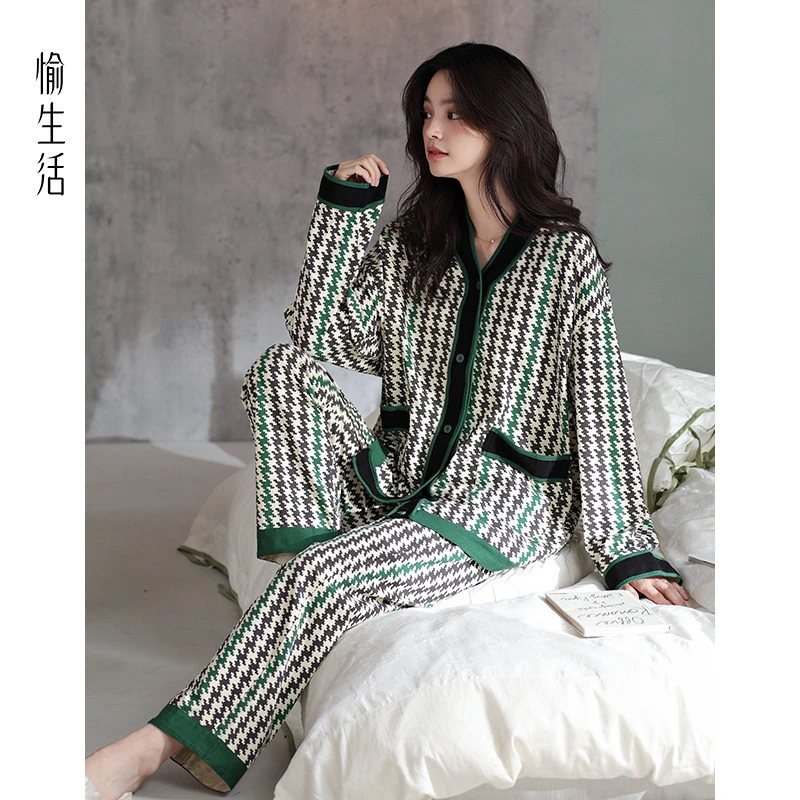 愉生活睡衣女春秋季纯棉长袖开衫千鸟格高级感棉质家居服休闲套装