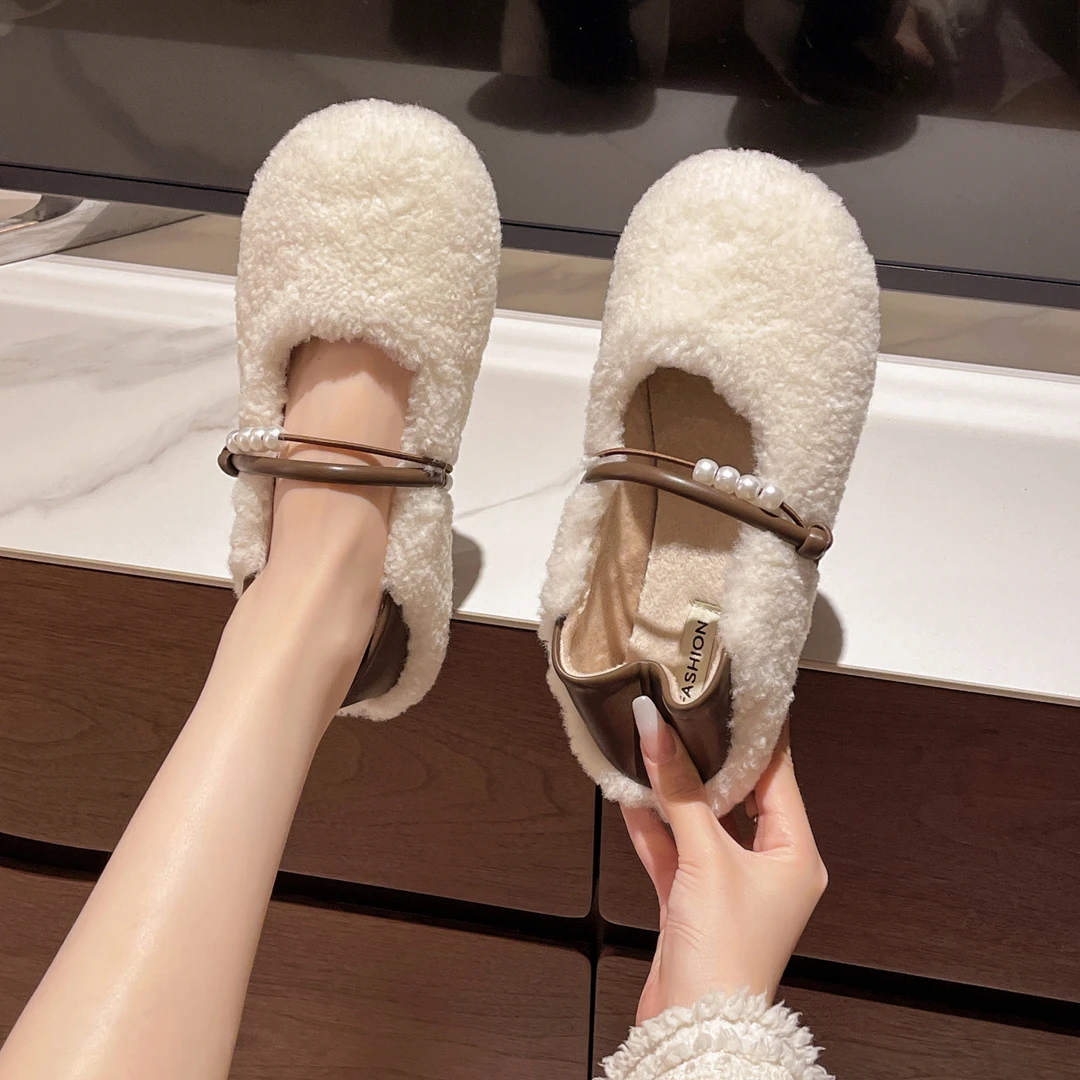 平底毛毛拖鞋女2024秋冬季新款外穿一脚蹬孕妇加绒保暖豆豆棉单鞋