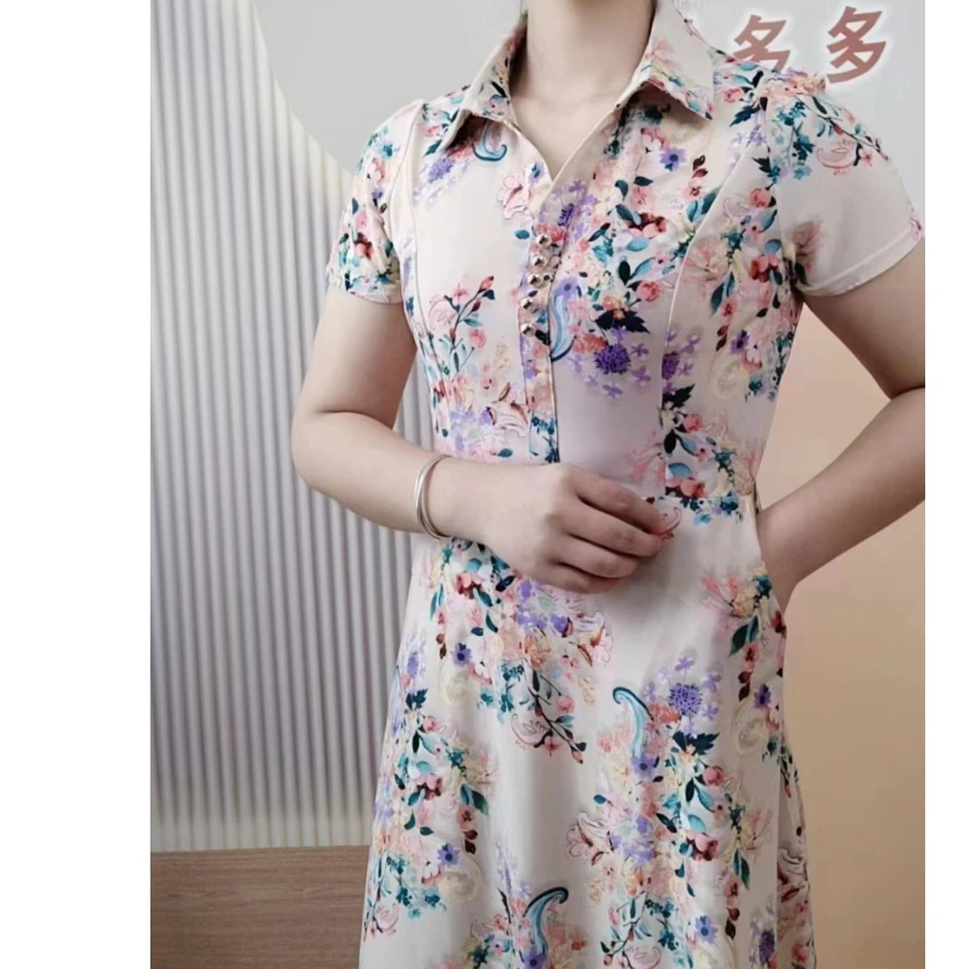 妈妈夏装衬衫领连衣裙洋气时尚中老年女夏季新款短袖花色弹力裙子