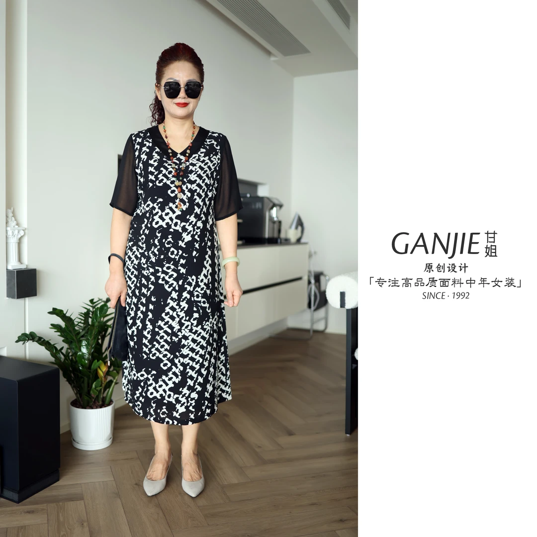 夏季双绉面料宽松高档印花女装连衣裙019