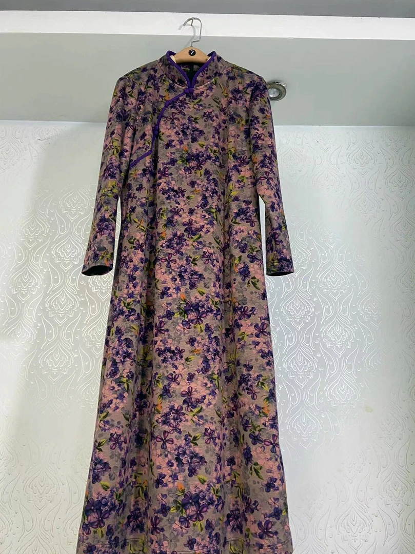 妈妈装旗袍领进口水貂绒长款连衣裙077