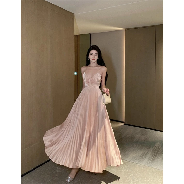 御姐风v领百褶抹胸露背绑带收腰礼服长裙法式性感显瘦连衣裙