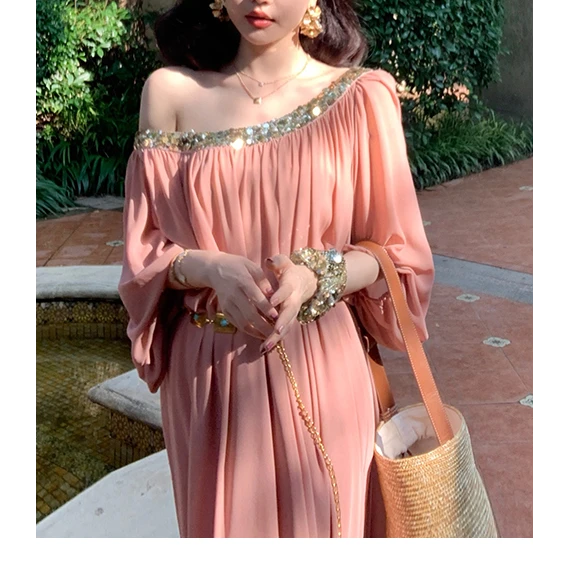 手工璀璨亮片连衣裙宽松慵懒氛围感气质长裙ZC60