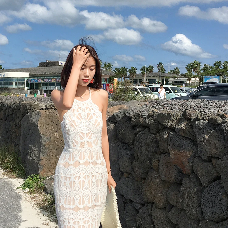 海边渡假风女装露背鱼尾连衣裙性感蕾丝巴厘岛沙滩长裙ZC60