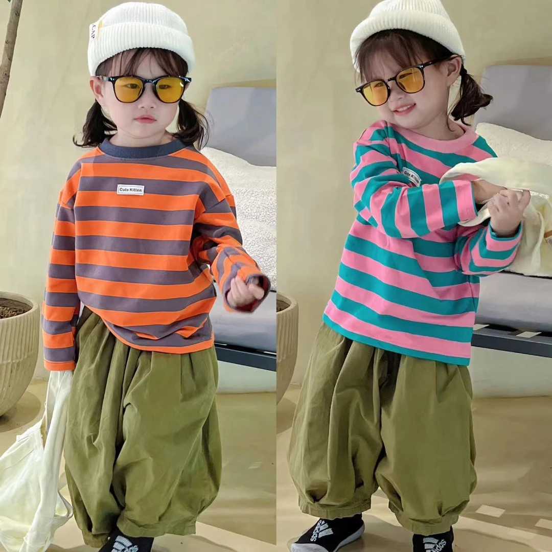 儿童新款洋气卫衣春秋男女百搭时尚季长袖打底衫条纹韩版宝宝宽松