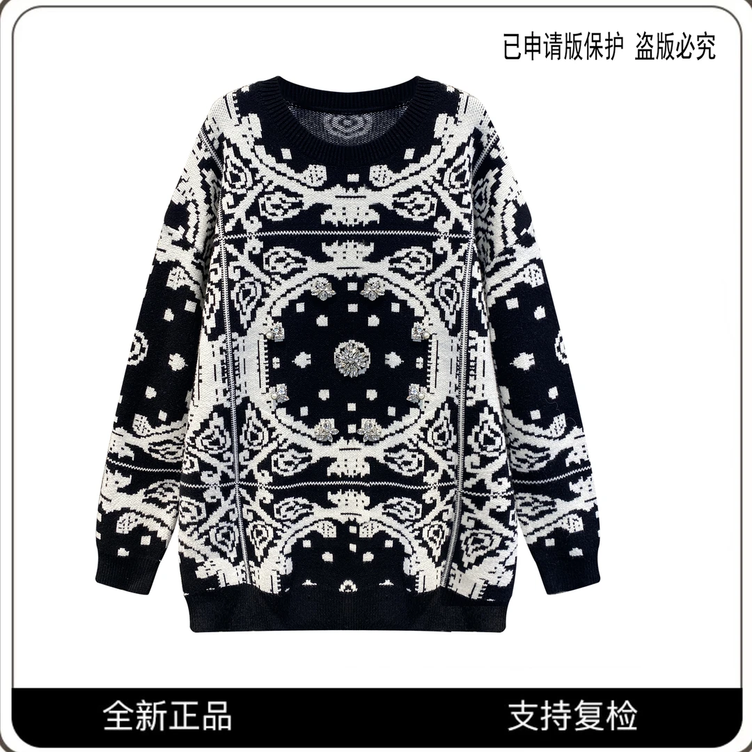 2275#CSIN高级圆领长袖毛衣女2023秋冬新款套头潮流印花长袖上衣