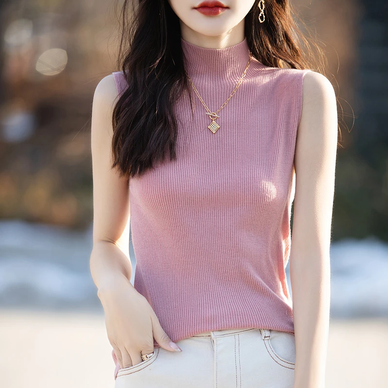 无袖半高领抽条打底背心女内搭春夏新款时尚百搭纯色修身针织衫