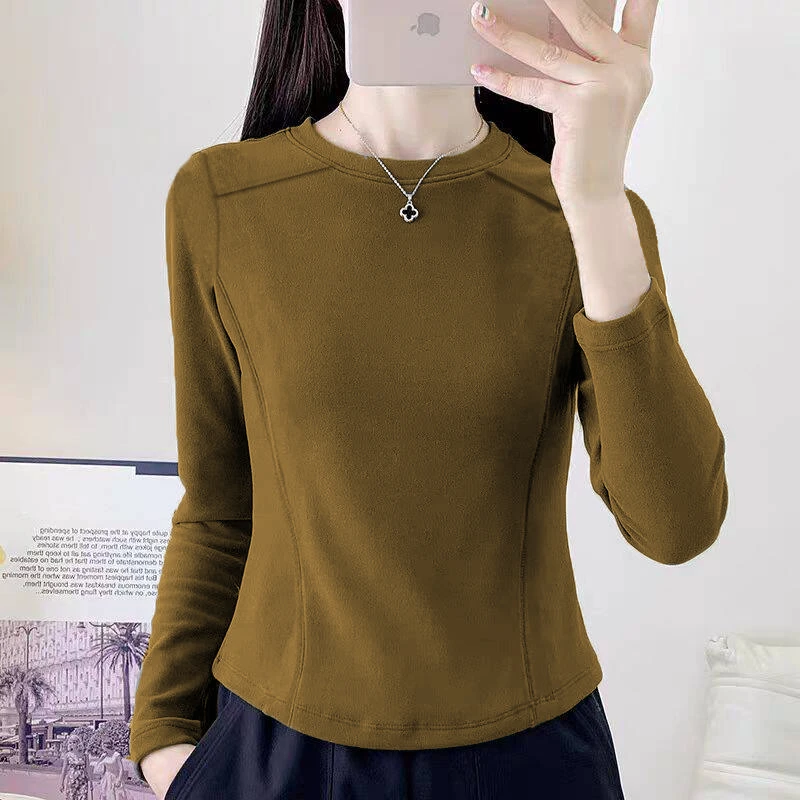 双面德绒保暖打底衫女秋冬季新款修身显瘦遮肉纯色圆领长袖t恤衫