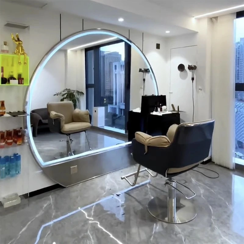 大圆镜潮款美发店镜子理发店镜发廊vip包间发廊专用镜台LED挂墙壁