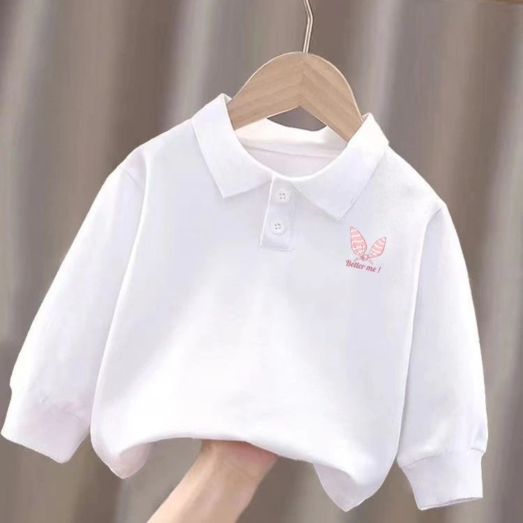 100%纯棉春秋季小孩白色t恤POLO衫男女童翻领长袖打底吸汗衫上衣t