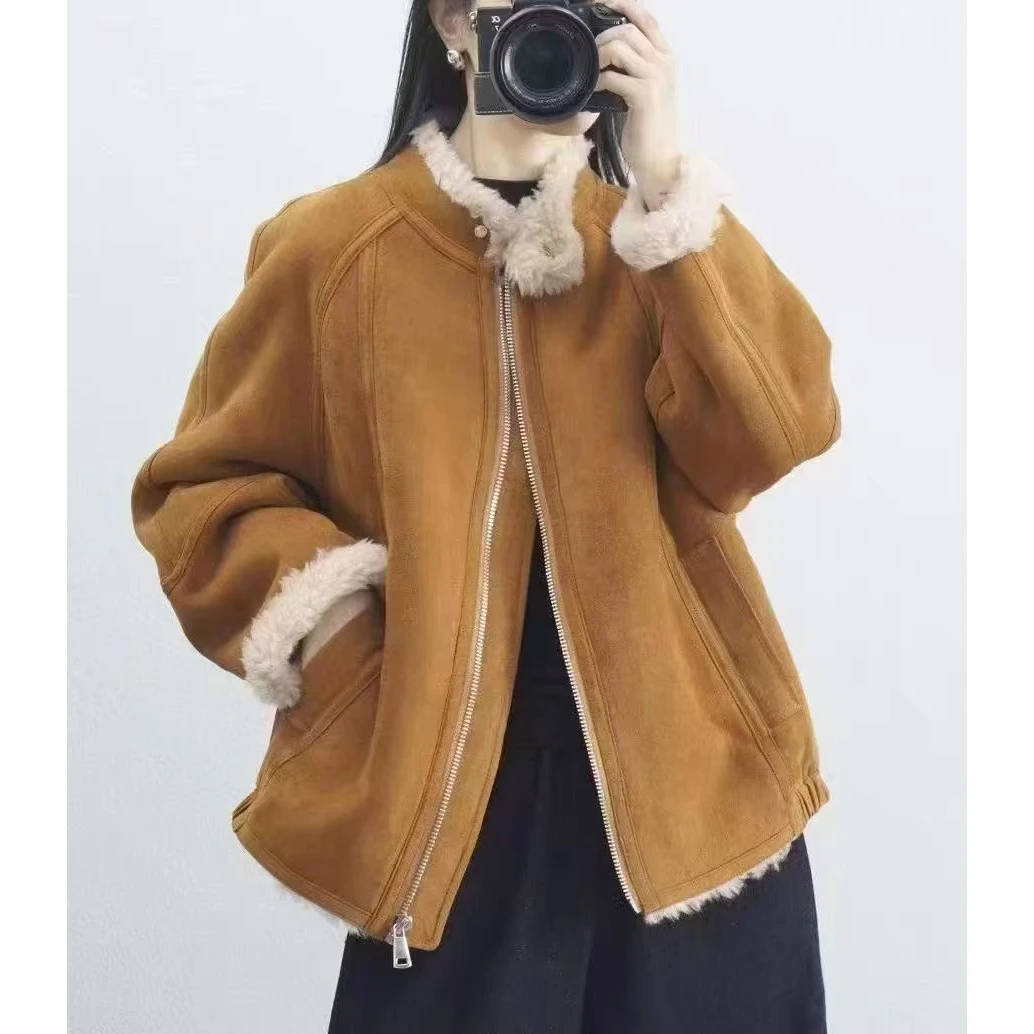 无印心匠含羊毛 皮毛一体~纯色 立领 机车外套 百搭 A14184