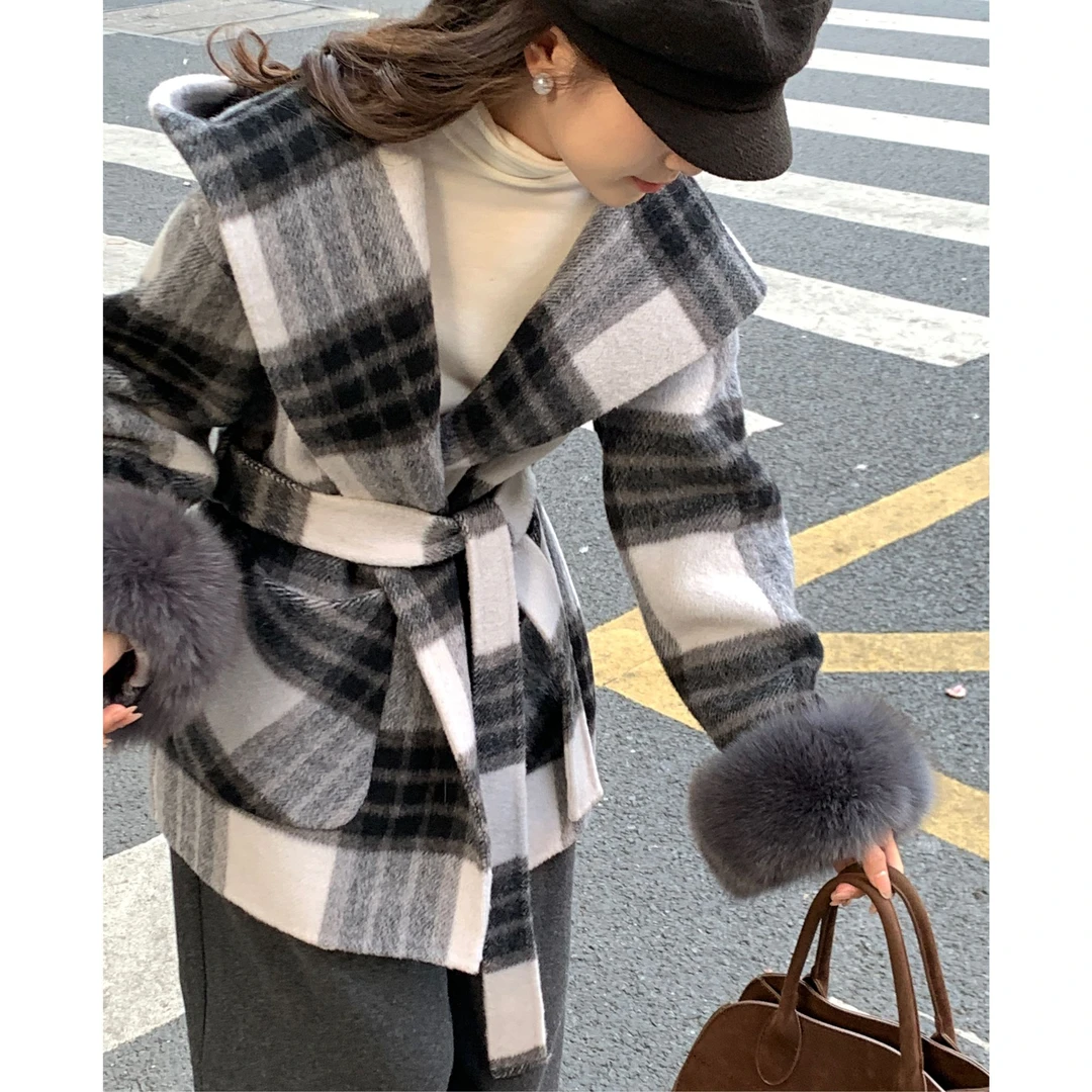 无印心匠 羊毛 羊驼绒 桑蚕丝 格纹~连帽收腰 高级毛呢外套 A9539