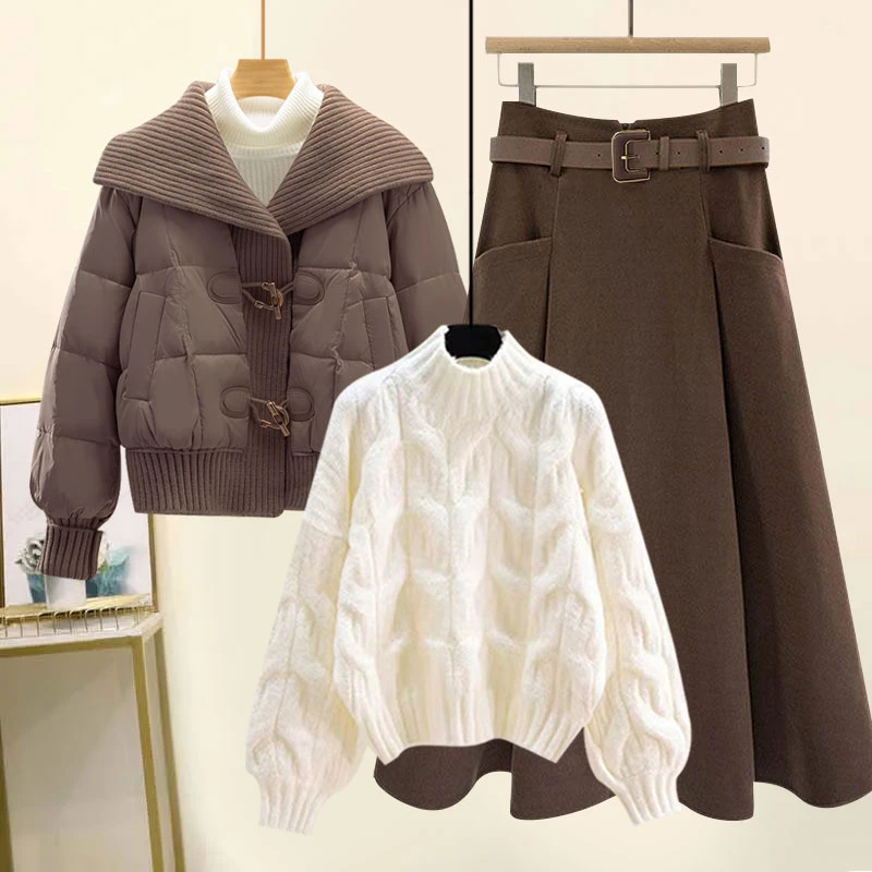 2023新款秋冬套装女棉服夹棉外套慵懒风毛衣百搭半身裙时尚三件套