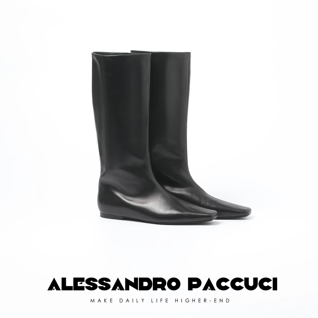 AP洛哥25187X【幽影】胎牛皮小方头黑色极简一脚蹬中靴高帮鞋子