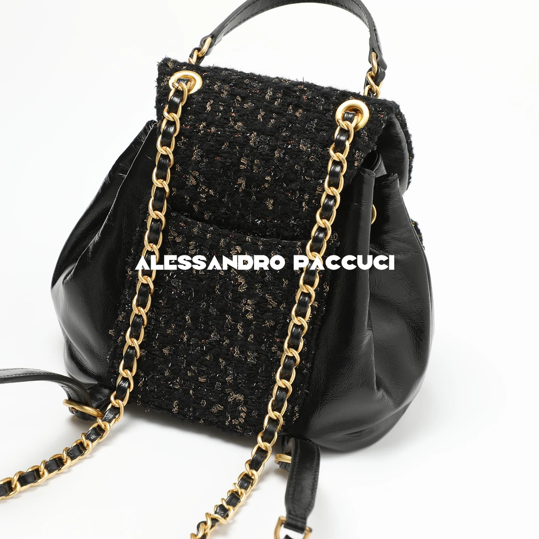 AP洛哥44167BS【点彩金】头层油蜡牛皮+编织小香风时尚双肩包