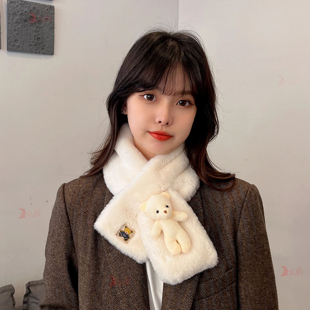 2023新款冬季卡通毛绒围巾高级感保暖学生秋冬交叉爆款小熊围脖