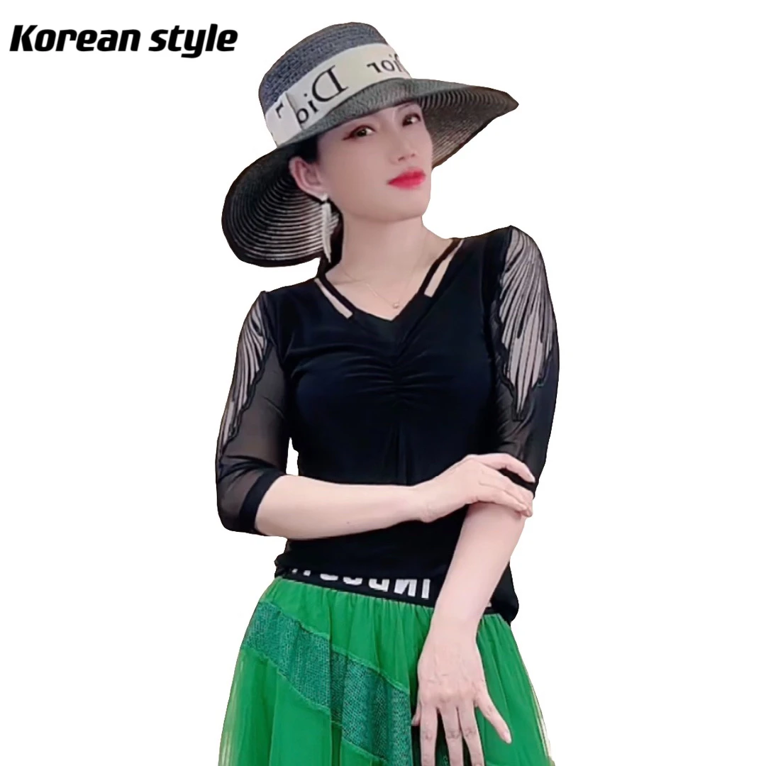 【Koreanstyle】2686夏季新款高级感精品冰丝网纱上衣 时尚显瘦小衫