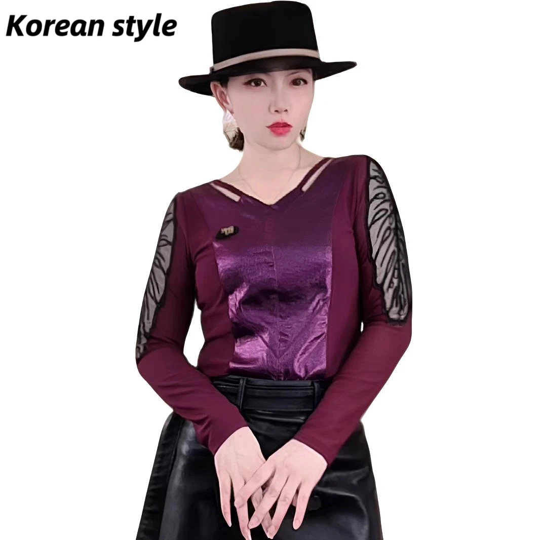 【Korean style】2602B气质长袖V领T恤网纱显瘦时尚打底衫百搭上衣