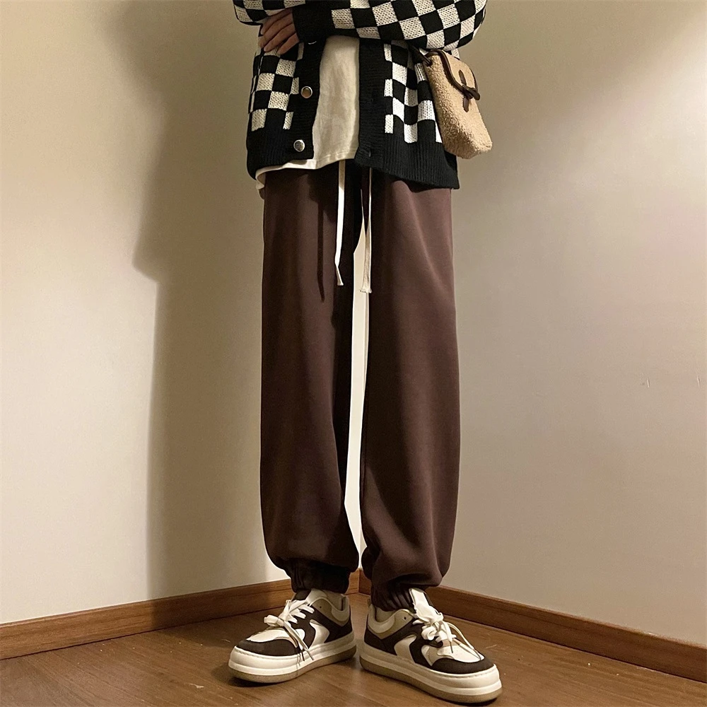 咖色束脚裤子男春秋新款美式复古宽松潮牌运动裤加绒直筒休闲长裤
