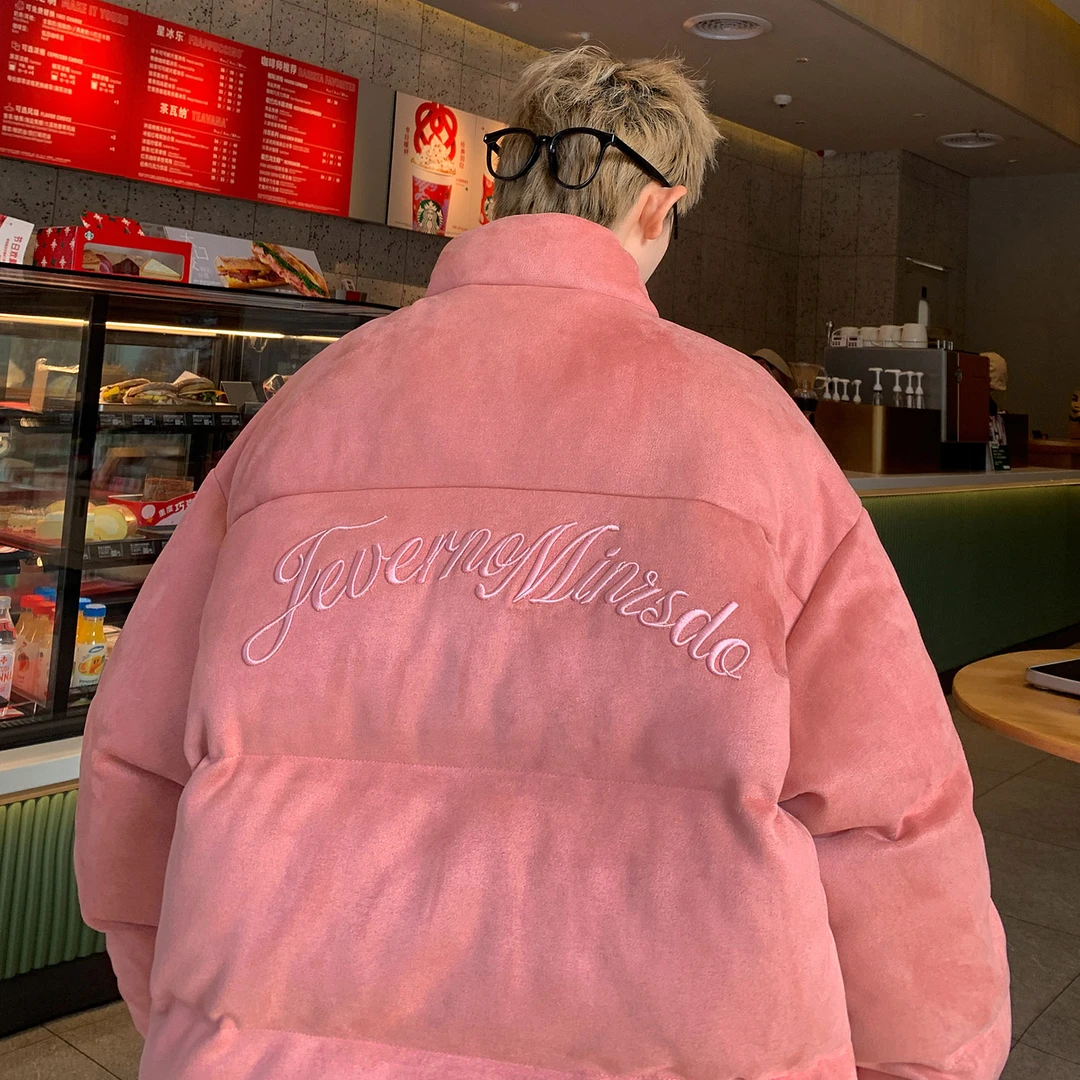 仿麂皮绒刺绣棉衣情侣外套男冬季加厚棉服面包服美式潮牌高级棉袄