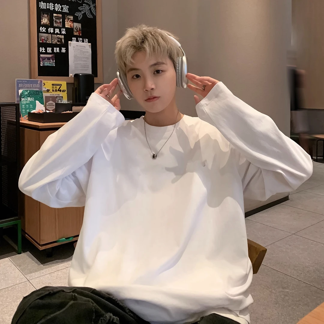 高级感纯棉重磅300g白色长袖t恤男春秋潮牌慵懒复古内搭打底上衣