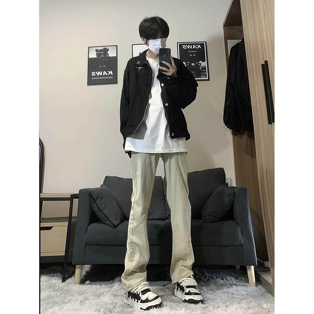 黄泥染拼接水洗微喇牛仔裤男春秋美式潮牌痞帅修身直筒新塘长裤子