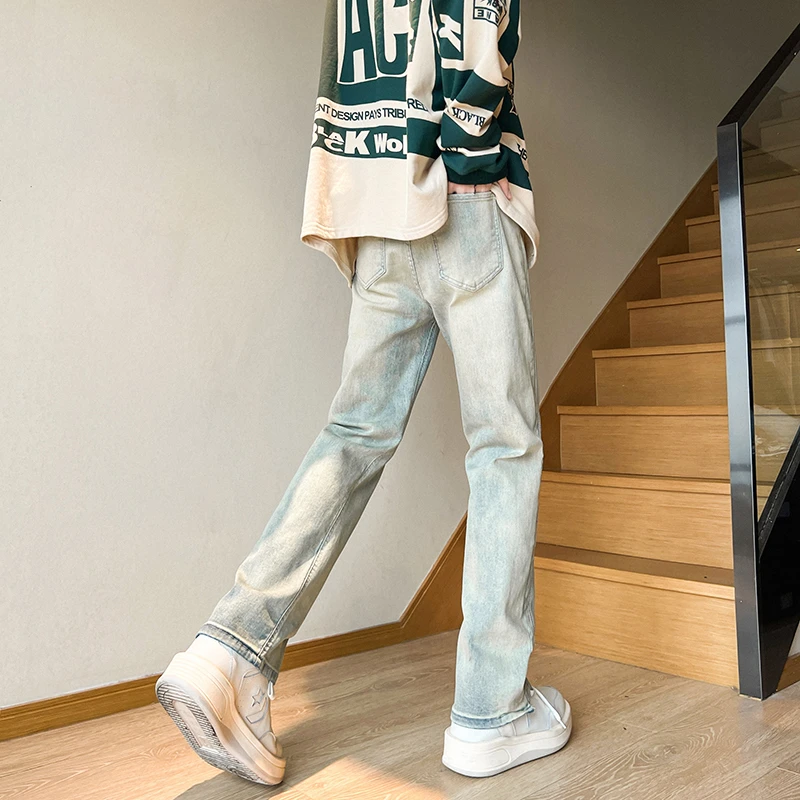 美式vibe高街牛仔裤男春秋2023新款水洗做旧潮牌直筒修身微喇裤子