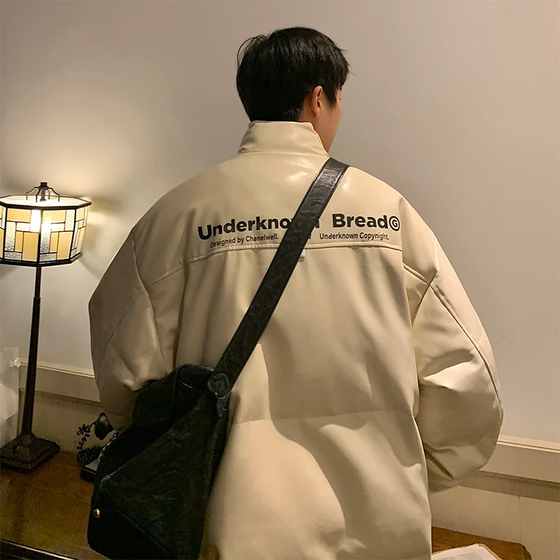 PU皮立领晋江棉服外套男冬季潮牌宽松加厚面包服美式高街保暖棉衣