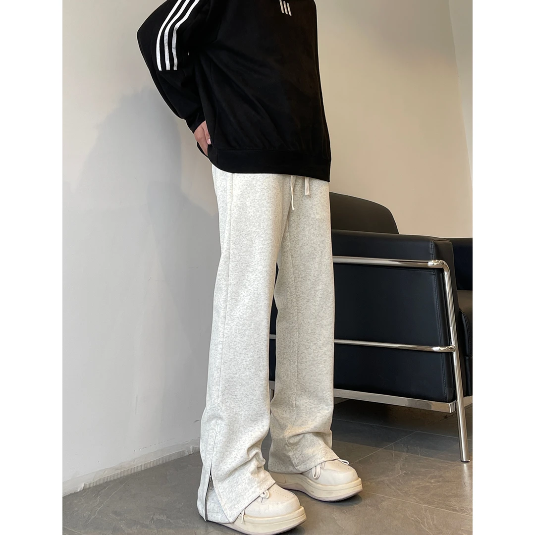 浅灰色拉链加绒重磅卫裤男秋冬美式潮牌宽松直筒cleanfit休闲裤子