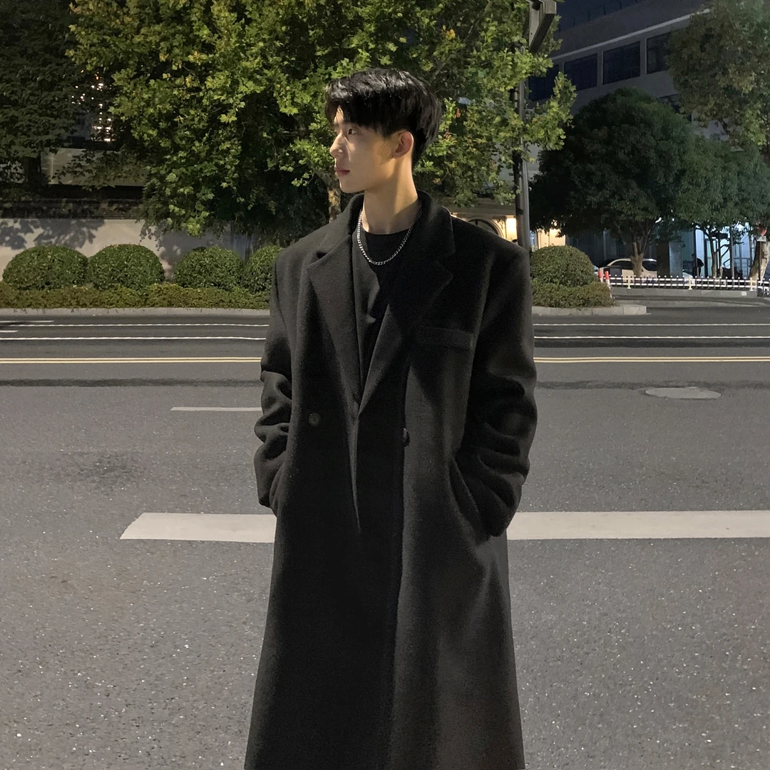 中长款氛围纯黑毛呢大衣外套男冬季潮牌英伦风高级感痞帅呢子风衣