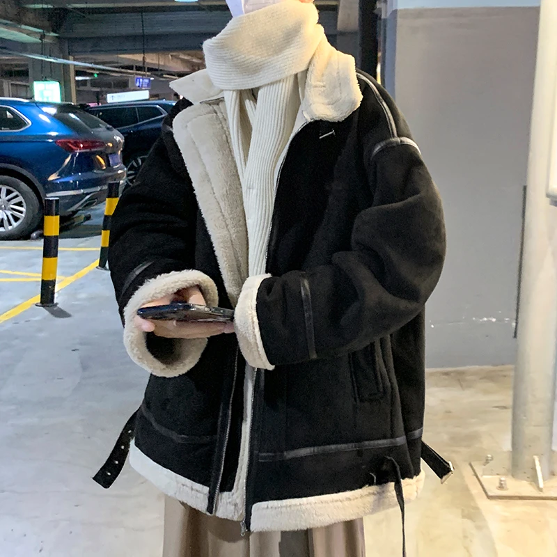 羊羔毛翻领机车棉服男冬季2023新款宽松潮牌拼接加厚一体棉衣外套