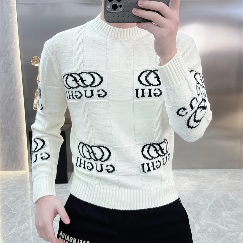2025秋冬季新款个性字母提花圆领针织衫修身百搭长袖毛衣男