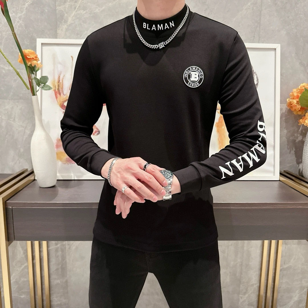 男士打底衫2024秋冬新款潮牌字母徽章修身帅气半高领加绒长袖T恤