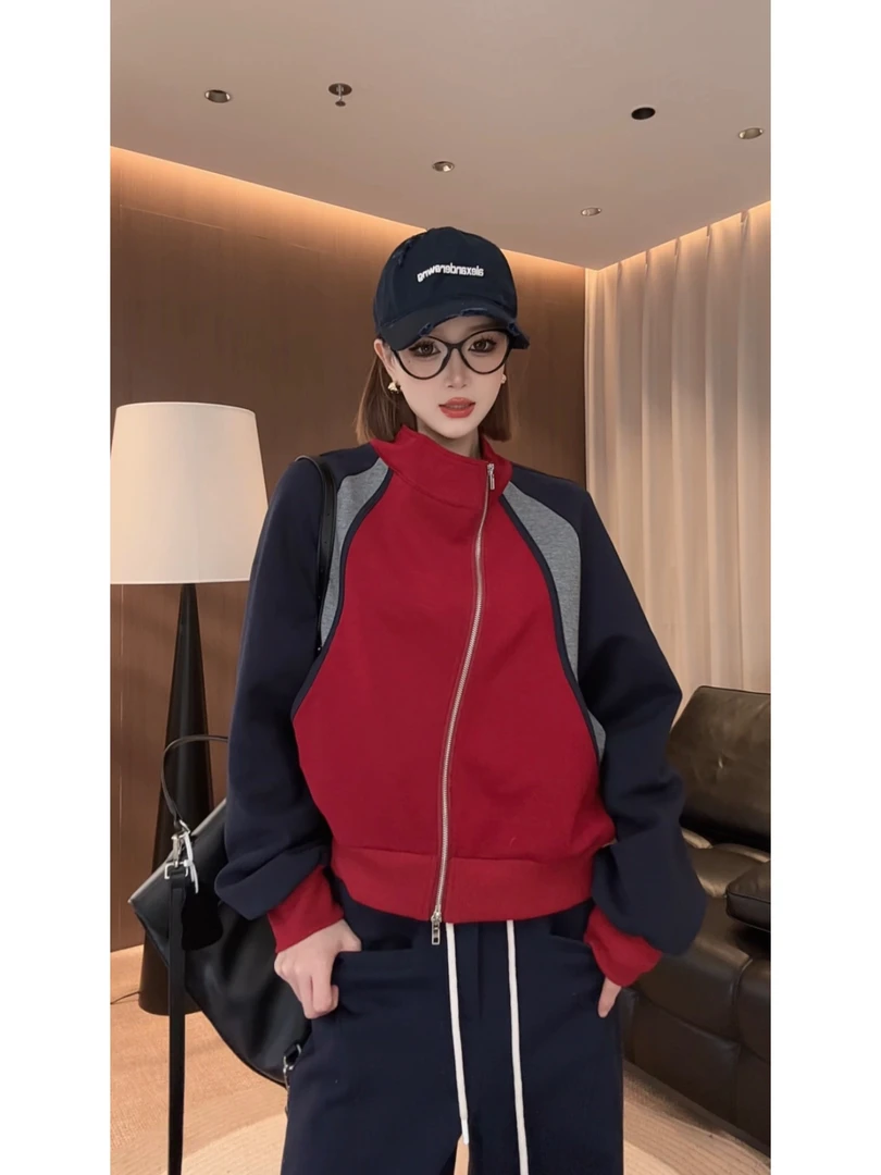 【Zz】秋冬立领运动休闲拉链外套ins百搭显瘦拼色外套上衣女ZY-074