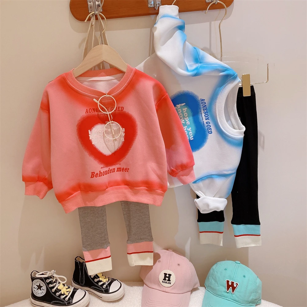 HHkids女童爱心渐变色卫衣拼接高弹打底裤两件套2024秋装CCT200
