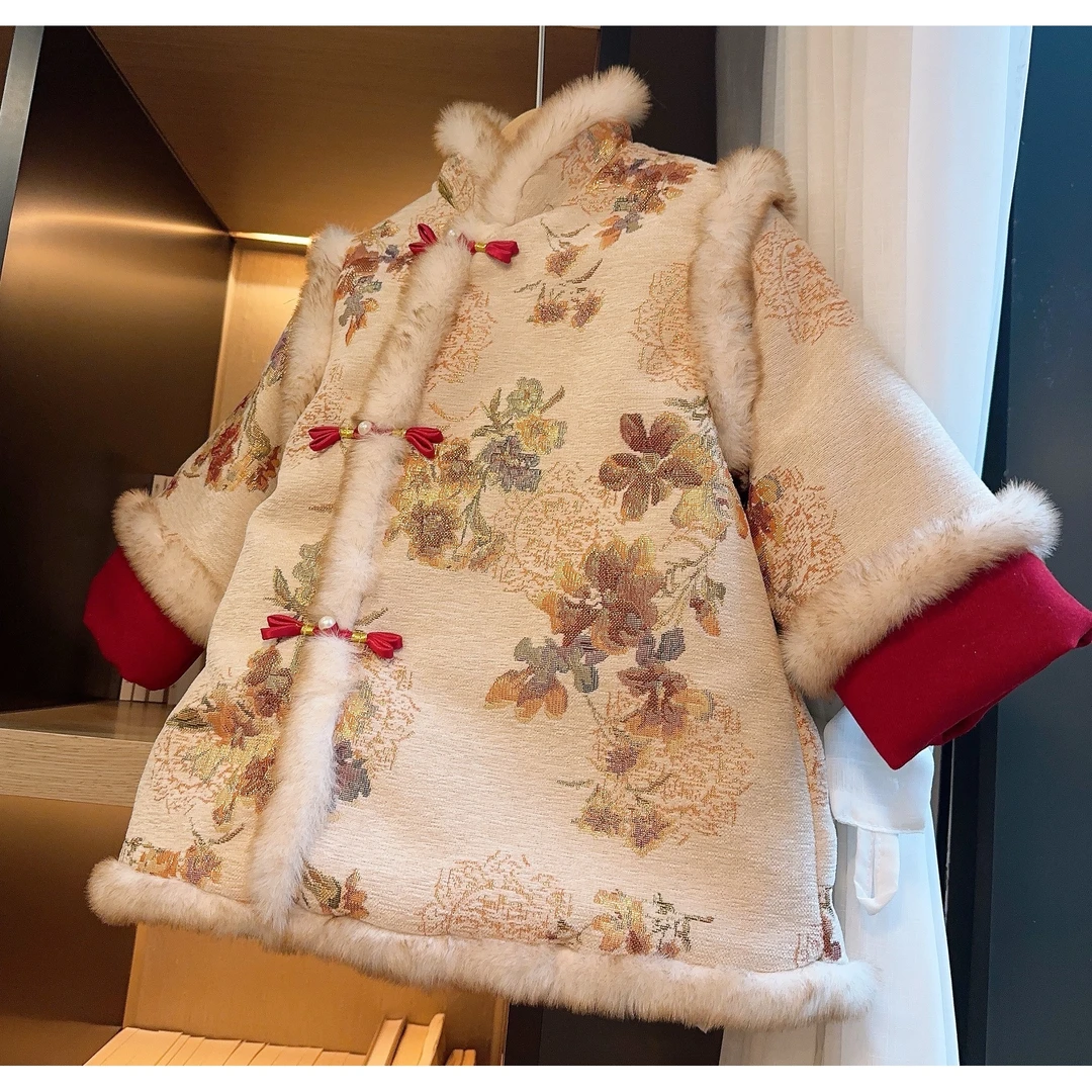 HHkids品质货！国风雪尼尔织锦提花拼毛加厚拜年服国风唐裙CQZ316