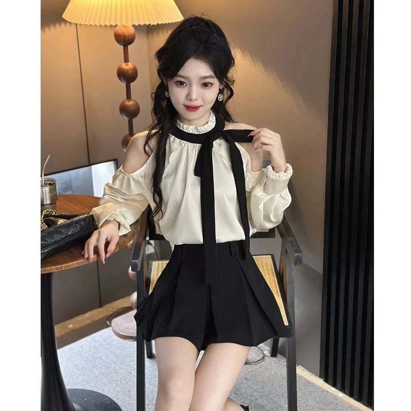 今年流行爆款气质套装女春秋新款时尚设计感露肩衬衫半身裙两件套