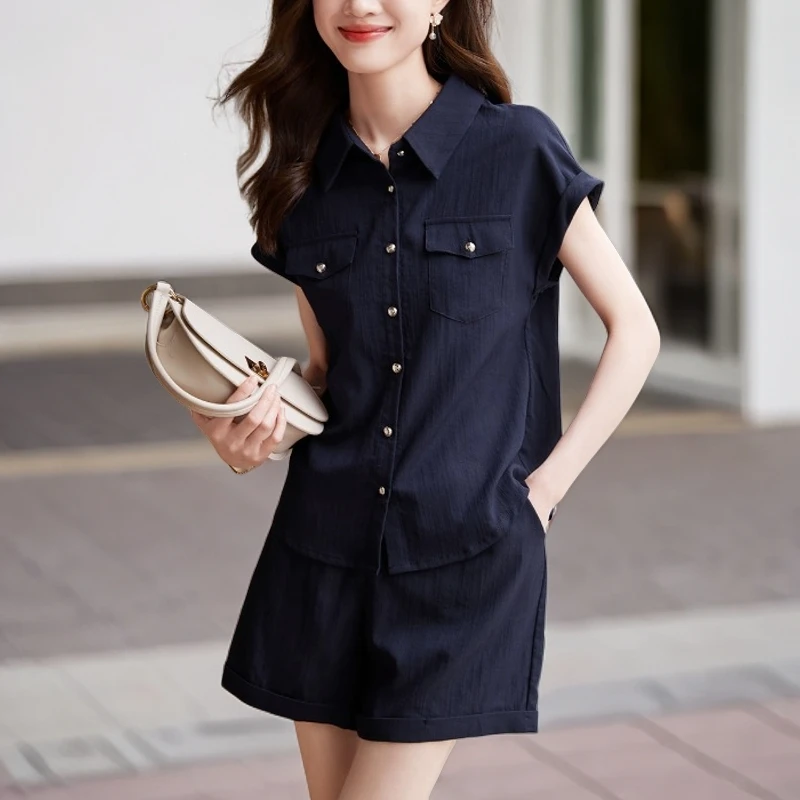 夏天衣服一整套女装2025新款爆款时尚洋气衬衫+阔腿短裤子两件套