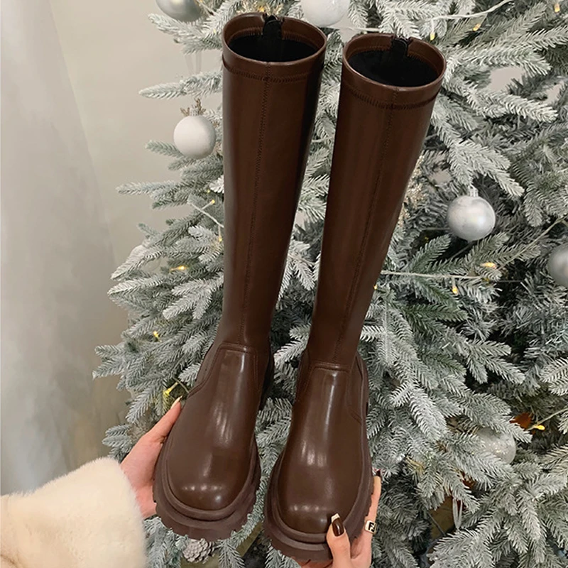 秋季2025新款百搭增高厚底高筒瘦瘦靴子加绒骑士靴女显瘦时尚圆头