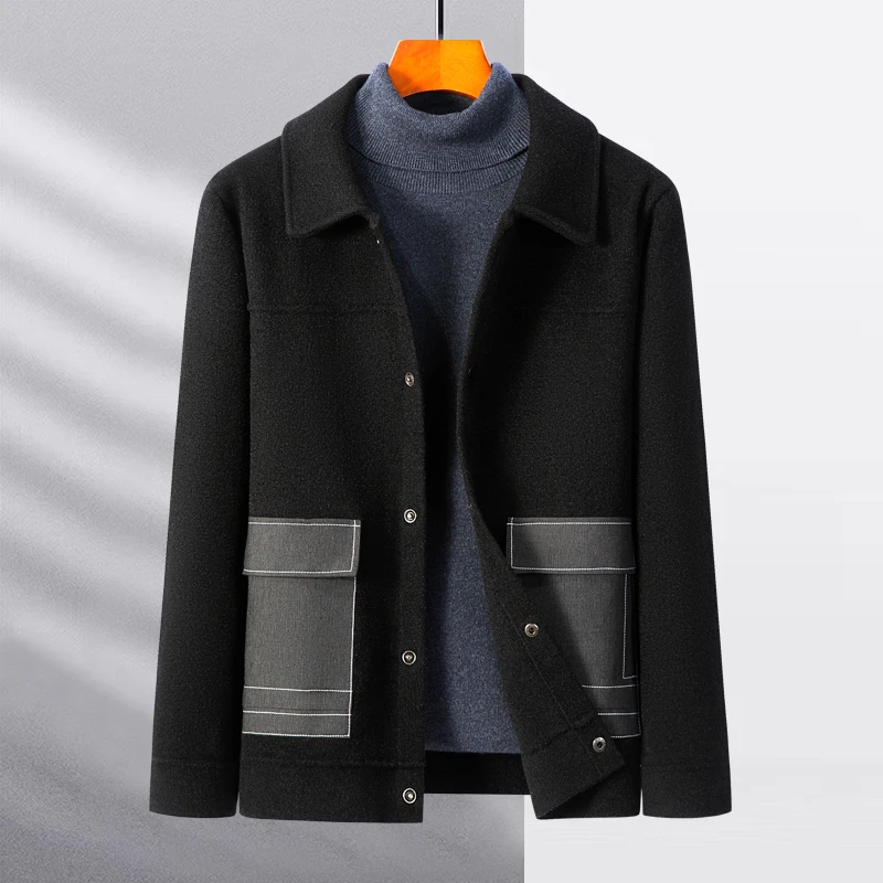 秋冬季外套男士翻领拼接口袋宽松大衣男装休闲时尚高档春装开衫潮