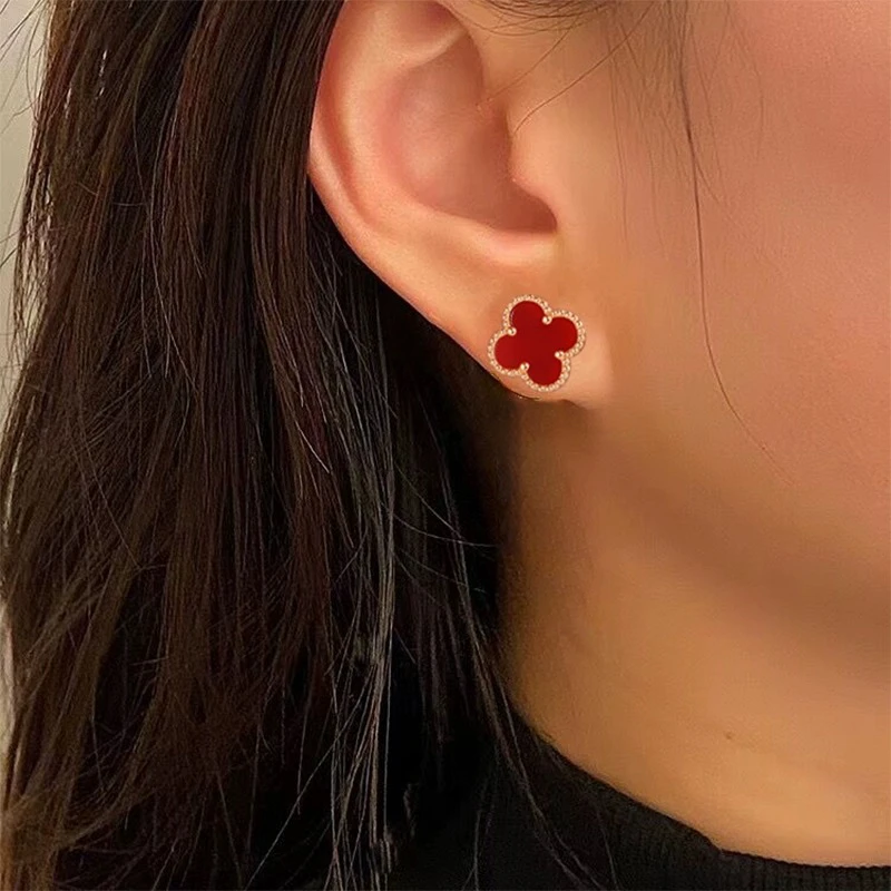 钛钢珐琅耳饰 YD-1403-红色花花气质百搭不掉色耳钉（需要耳洞）